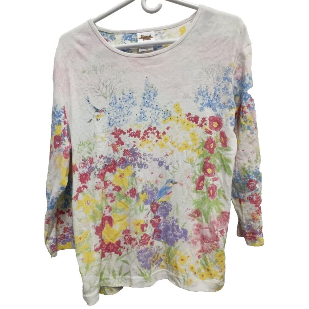 Pleasant Shade Top Womens Large Floral Hummingbird Rhinestone 3/4 Sleeve Cottage